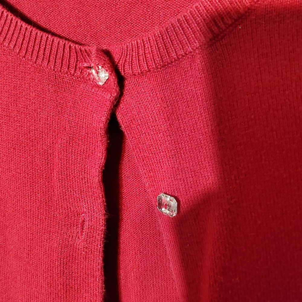 LOFT Deep Red Button-Front Crewneck Cardigan - Picture 3 of 8